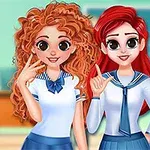 Ba nhân vật nữ hoạt hình đứng cạnh nhau, hai người mặc đồng phục học sinh và một người mặc áo khoác đỏ, với biểu cảm vui vẻ trên khuôn mặt