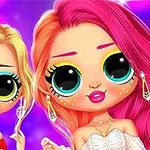 Hai cô gái hoạt hình với mắt to tròn, tóc vàng và hồng nổi bật, trang phục sặc sỡ trên nền tím lấp lánh