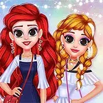 Ba nhân vật hoạt hình nữ với kiểu tóc và trang phục đa dạng đứng cạnh nhau trên nền sáng lung linh