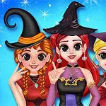 Ba cô gái mặc trang phục phù thủy với nón chóp nhọn trên nền trời đêm đầy sao