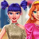 Hai cô gái hoạt hình mặc váy lấp lánh, một người có tóc màu tím đậm với bím tóc và người kia có tóc màu cam đội vương miện nhỏ