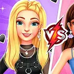 Hai cô gái hoạt hình với phong cách thời trang khác nhau, có ký hiệu VS ở giữa