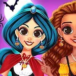 Hai nhân vật hoạt hình nữ đang mặc trang phục lễ hội, một người có tóc xanh và người kia có tóc nâu, đứng trước nền tím với dơi và mạng nhện
