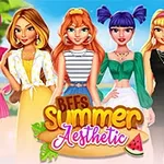 Năm cô gái đứng cạnh nhau trong trang phục mùa hè sặc sỡ với chữ BFFs Summer Aesthetic ở phía trước