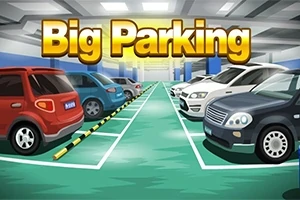 Bãi đỗ xe trong nhà với các xe hơi đậu hai bên và dòng chữ lớn Big Parking