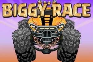 Xe tải địa hình màu vàng với lốp lớn và dây xích kim loại phía trước, chữ BIGGY RACE phía trên