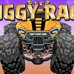 Xe tải địa hình màu vàng với lốp lớn và dây xích kim loại phía trước, chữ BIGGY RACE phía trên
