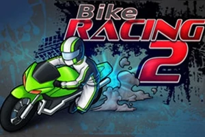Một tay đua mặc đồ bảo hộ trắng lái xe mô tô màu xanh lục, với chữ Bike Racing 2 nổi bật ở trên cùng
