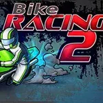 Một tay đua mặc đồ bảo hộ trắng lái xe mô tô màu xanh lục, với chữ Bike Racing 2 nổi bật ở trên cùng