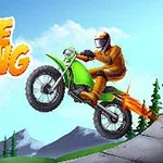 Người mặc đồ đua màu cam đang cưỡi xe máy xanh qua đoạn đường dốc với chữ Bike Racing ở góc trái trên nền trời xanh