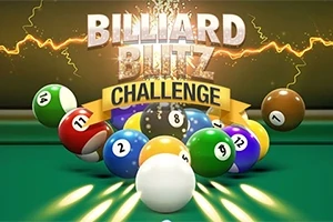 Các quả bóng bida với nhiều màu sắc và số khác nhau trên bàn bida, nền có từ Billiard Blitz Challenge và hiệu ứng tia chớp
