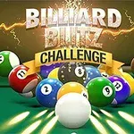 Các quả bóng bida với nhiều màu sắc và số khác nhau trên bàn bida, nền có từ Billiard Blitz Challenge và hiệu ứng tia chớp
