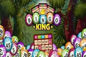 Hình ảnh có các quả bóng bingo đầy màu sắc và bảng số với dòng chữ Bingo King trên nền khu rừng nhiệt đới