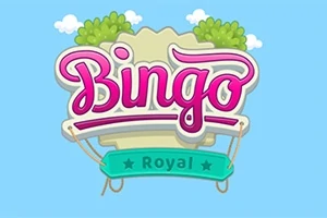 Chữ Bingo Royal màu hồng và xanh lá cây trên nền xanh da trời với mây và cây cối trang trí