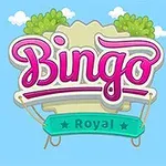 Chữ Bingo Royal màu hồng và xanh lá cây trên nền xanh da trời với mây và cây cối trang trí