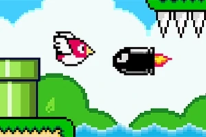 Một chú chim pixel màu đỏ đang bay gần viên đạn bay trong khung cảnh nền xanh lá cây với các đám mây và chướng ngại vật