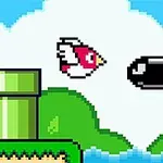 Một chú chim pixel màu đỏ đang bay gần viên đạn bay trong khung cảnh nền xanh lá cây với các đám mây và chướng ngại vật