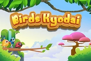 Hình ảnh có chữ Birds Kyodai với phông nền rừng cây xanh tươi và một số loài chim đầy màu sắc đứng trên cành cây