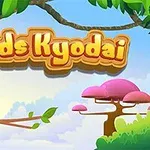 Hình ảnh có chữ Birds Kyodai với phông nền rừng cây xanh tươi và một số loài chim đầy màu sắc đứng trên cành cây