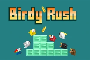 Hình ảnh gồm dòng chữ lớn Birdy Rush phía trên và các con chim hoạt hình nhiều màu sắc bay xung quanh một cấu trúc hình khối màu xanh
