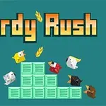 Hình ảnh gồm dòng chữ lớn Birdy Rush phía trên và các con chim hoạt hình nhiều màu sắc bay xung quanh một cấu trúc hình khối màu xanh