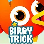 Chú chim hoạt hình màu cam với đôi mắt to tròn và dòng chữ BIRDY TRICK ở phía dưới
