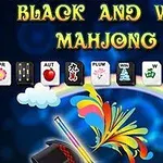 Hình ảnh bao gồm các quân cờ với chữ Black and White Mahjong 2, có hiệu ứng đám mây, lông vũ màu sắc và chiếc mũ ảo thuật trên nền xanh lam