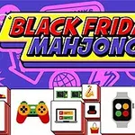 Tiêu đề Black Friday Mahjong trên nền tím với các biểu tượng sản phẩm như giày, đồng hồ thông minh và máy ảnh