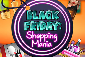 Hình ảnh có nền cam với dòng chữ Black Friday: Shopping Mania trong một vòng tròn, xung quanh là các sản phẩm mỹ phẩm và làm đẹp