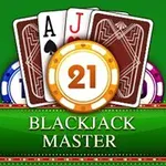 Các lá bài xếp chồng lên nhau trên nền xanh, hiển thị số 21 bên trong một vòng tròn và chữ Blackjack Master được ghi dưới cùng