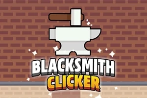 Hình ảnh mô tả một cái đe và búa trên nền gạch với dòng chữ Blacksmith Clicker nổi bật