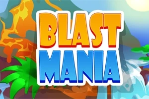 Chữ Blast Mania nổi bật trên nền cảnh quan núi lửa và thác nước với cây cối xanh tươi