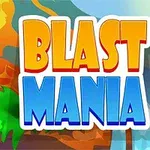 Chữ Blast Mania nổi bật trên nền cảnh quan núi lửa và thác nước với cây cối xanh tươi