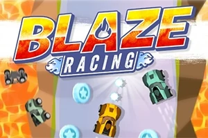 Hình ảnh có bốn chiếc xe đua nhỏ nhiều màu sắc trên đường đua với dòng chữ Blaze Racing lớn ở phía trên