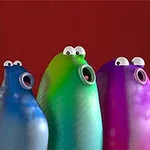 Bốn sinh vật hoạt hình nhiều màu sắc với mắt to và miệng mở rộng trên nền đỏ