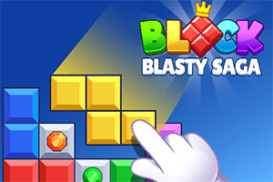 Một bàn tay hoạt hình đang chỉ vào các khối đa giác có màu sắc khác nhau với chữ BLOCK BLASTY SAGA trên nền màu xanh lam