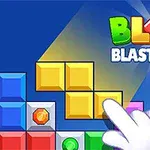 Một bàn tay hoạt hình đang chỉ vào các khối đa giác có màu sắc khác nhau với chữ BLOCK BLASTY SAGA trên nền màu xanh lam