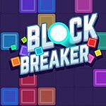 Chữ Block Breaker nổi bật trên nền các khối vuông màu sắc khác nhau trên nền xanh tối