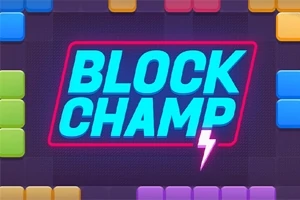 Chữ Block Champ nổi bật ở giữa với viền màu neon và tia sét, xung quanh là các khối màu sắc khác nhau