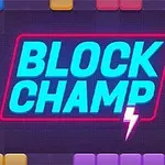 Chữ Block Champ nổi bật ở giữa với viền màu neon và tia sét, xung quanh là các khối màu sắc khác nhau