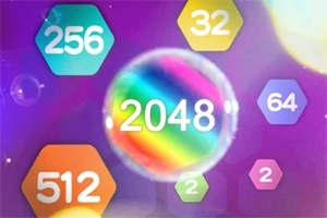 Các hình lục giác nhiều màu sắc với các số như 2048, 256, 32, 512, 64 trên nền tím