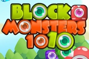 Hình ảnh với chữ BLOCK MONSTERS 1010 đầy màu sắc, kèm theo các hình khối và con mắt hoạt hình