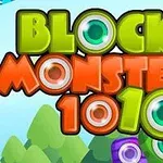Hình ảnh với chữ BLOCK MONSTERS 1010 đầy màu sắc, kèm theo các hình khối và con mắt hoạt hình