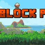 Một nhân vật đội mũ bảo hiểm đứng trên chữ BLOCK PILE với nền phong cảnh núi non và cây cối xanh tươi