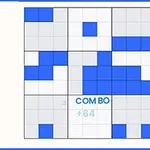 Lưới ô vuông với các khối màu xanh lam và trắng, kèm chữ COMBO +64