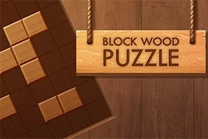 Bảng gỗ xếp khối với các khối vuông và bảng hiệu gỗ có dòng chữ Block Wood Puzzle
