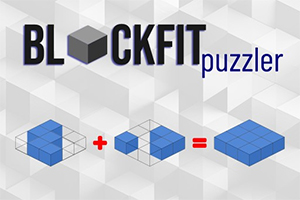 Hình ảnh có tiêu đề BLOCKFIT puzzler với các khối xanh lam được sắp xếp trong lưới, biểu thị phép cộng và kết quả của các khối