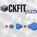 Hình ảnh có tiêu đề BLOCKFIT puzzler với các khối xanh lam được sắp xếp trong lưới, biểu thị phép cộng và kết quả của các khối