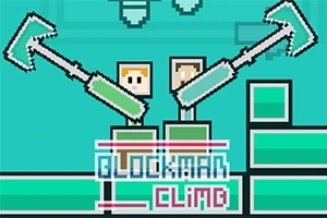 Hai nhân vật dạng pixel cầm búa leo trên các khối xanh, với dòng chữ Blockman Climb phía trước