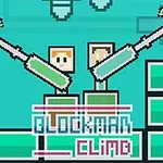 Hai nhân vật dạng pixel cầm búa leo trên các khối xanh, với dòng chữ Blockman Climb phía trước